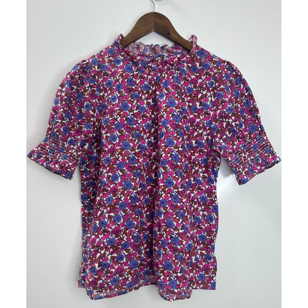 J.Crew Smocked 100% Linen Puff-Sleeve Top in Berry Floral High Neck Blouse XS - Picture 2 of 12